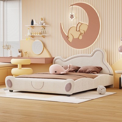 Twin/Full/Queen Size Velvet Upholstered Platform Bed with Bear-Shaped Headboard and Bed-End Storage Pocket 4W - ModernLuxe