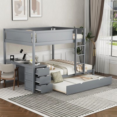 NicBex Full over Full Bunk Bed with Desk Wooden Bed Frame with Trundle, Drawers, Ladder and Full Length Guardrail, No Box Spring Required