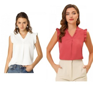 Allegra K Women's Ruffled Sleeveless Work Business Vintage Blouses 2 Packs - 1 of 4