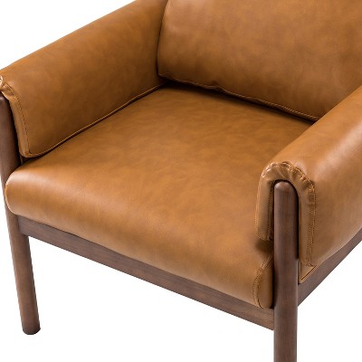 Cognac Faux Leather and Mahogany Wood Accent Chair