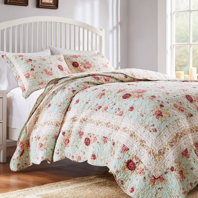 Blue Full Cotton Reversible Quilt Set with Floral Design