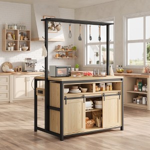 Kitchen Island with Storage, Farmhouse Island Table with Sliding Barn Doors, Coffee Bar Station with Power Outlet, Brown - 1 of 4