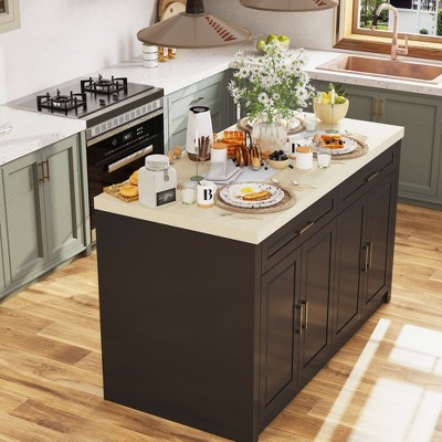 Homsee Storage Kitchen Island with Faux SBuilt-In Outlet Bar Table Cabinet