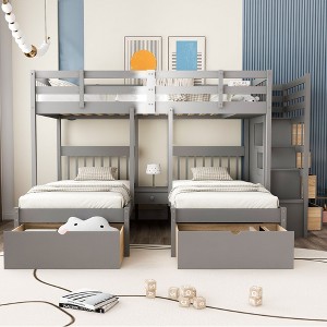 NicBex Full over Twin Bunk Bed Pine Frame Triple Bed Frame with 6 Drawers, Stairs and Full Length Guardrail, No Box Spring Required - 1 of 4