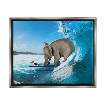 Stupell Industries Surfing Elephant Ocean Waves Framed Floater Canvas Wall Art