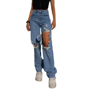 Coolmee Women's High Waisted Wide Leg Jeans Stretchy Distressed Denim Pants - 1 of 4