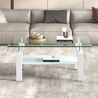 White Glass and Metal Modern Rectangular Coffee Table