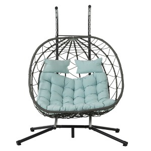 SKRAN 2 Person Hanging Egg Chair with Stand r, Double Swing Chairs Patio Rattan Wicker with UV Resistant Cushion for Balcony, Garden - 1 of 4
