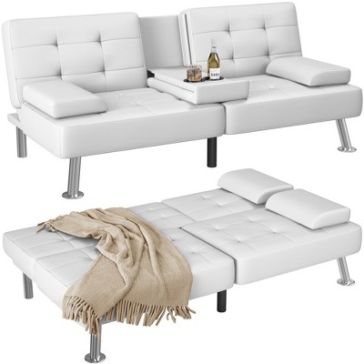 LACOO Faux Leather Futon Convertible Couch with 2 Cup Holders