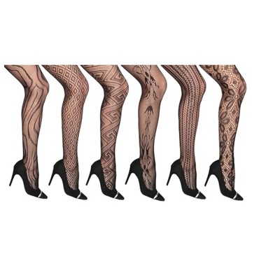 Isadora Paccini Women's 6-Pack Fishnet Lace See-Through Midnight Patterned Pantyhose Tights, One Size Fits Most