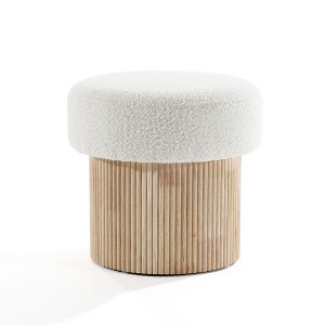 LuxenHome Modern Upholstered Ivory Footstool with Storage and Wood Fluted Base Brown - 1 of 4