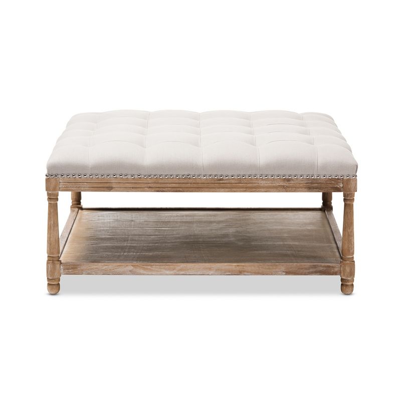 Carlotta French Country Weathered Oak Linen Square Coffee Table Ottoman Beige - Baxton Studio, 3 of 9