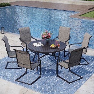 Captiva Designs 7pc Black Slatted Round Steel Table with Umbrella Hole & Grayish Brown Textilene Chairs