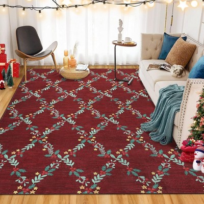 Washable Rug for Bedroom Christmas Floral Living Room Rug Non-Slip Holiday Indoor Floor