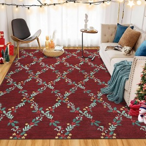 Washable Rug for Bedroom Christmas Floral Living Room Rug Non-Slip Holiday Indoor Floor - 1 of 4