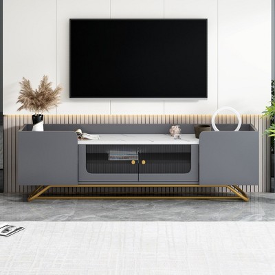 ON-TREND Sleek Design TV Stand with Fluted Glass, Contemporary Entertainment Center for TVs Up to 70", Faux Marble Top TV Console Table