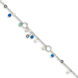 Black Bow Jewelry Sterling Silver Turquoise, Crystal And FW Cultured Pearl Anklet, 9 in - 1 of 4