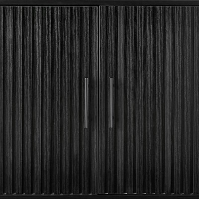 Black Engineered Wood Slatted Storage Cabinet with Metal Legs