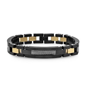 Steeltime Men's two tone black ip and 18k gold plated stainless steel link bracelet with cable wire inlay - 1 of 4
