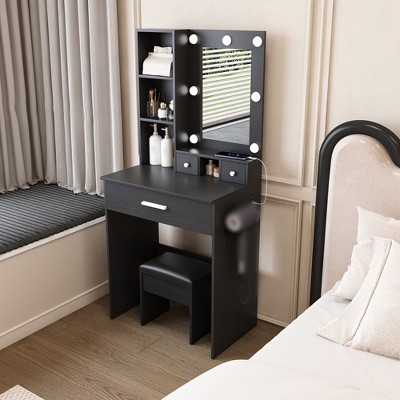 23.6" Small Vanity Desk with 2 USB Ports & Outlets and Adjustable Mirror+3 Drawers+3 Shelves
