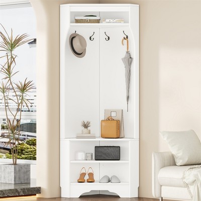 Corner Hall Tree with Shoe Bench, Entryway Coat Rack with Hooks, Freestanding Clothes Storage Cabinet with Storage Shelf for Entryway Bedroom