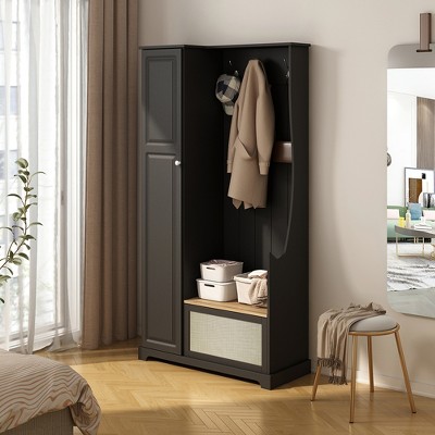 Hall Tree With 3 Coat Hooks, 2 Adjustable Laminates, , Modern Entryway Multifunctional Storage Cabinet For Entrance, Hallway, Living Room, Black