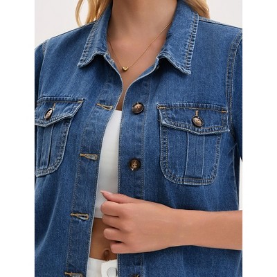 Женские куртки INSPIRE CHIC Women's Turndown Collar Button Chest Pockets Short Sleeve Cropped Jean Jacket X-Large Blue — фото 3