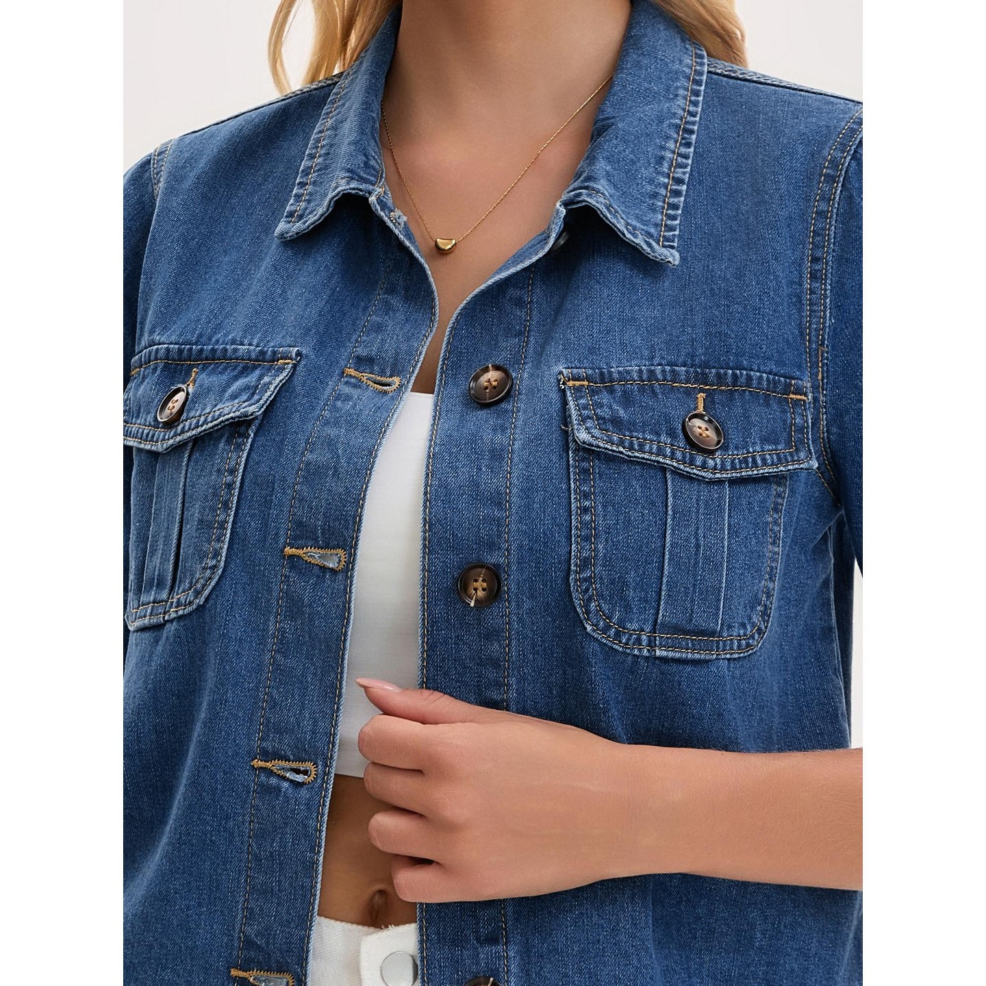 Женская куртка INSPIRE CHIC Turndown Collar Button Chest Pockets Short Sleeve Cropped Jean Jacket Large Blue, цвет: Синий — фото 3