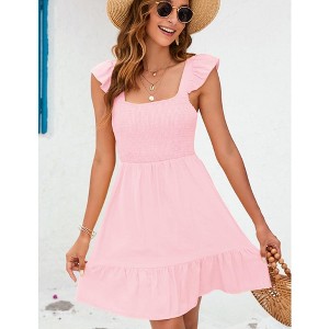 Women's Summer Sleeveless Casual Sundress: Cute Smocked Ruffle Tie-Back Flowy Mini Dress - 1 of 4