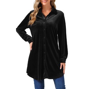Allegra K Women's Velvet Button Down Swing Mini Long Sleeve Lapel Tunic Top - 1 of 4