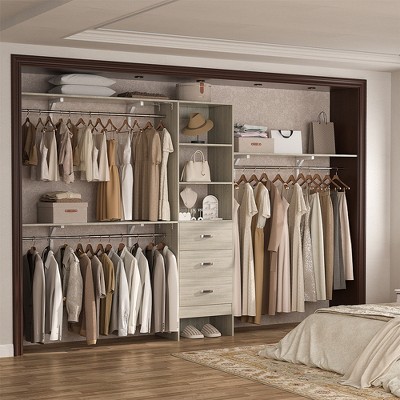 Aheaplus Closet System with 3 Drawers and 3 Hanging Rods, Freestanding Wardrobe with Shelves