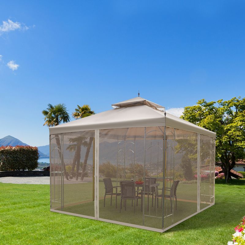 Outsunny 118" x 118" Steel Outdoor Patio Gazebo Canopy with Removable Mesh Curtains, Display Shelves, & Steel Frame, Brown, 3 of 9