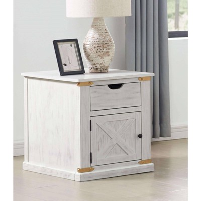 Vynxaria Rustic End Table/Nightstand - Antique White & Gold Accents, Pull-Out Drawer (Center Glides) & Shelf,Living Room Storage Table