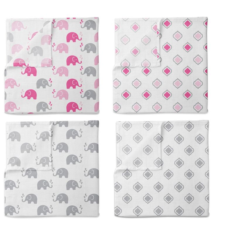 Bacati - Elephants Pink/Gray Muslin Swaddling Blankets set of 4, 2 of 6
