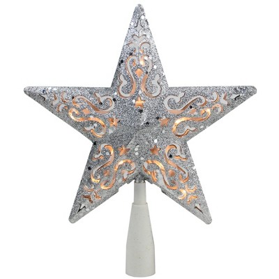 Northlight 8.5" Silver Glitter Star Lighted Cut Out Design Christmas Tree Topper - Clear Lights