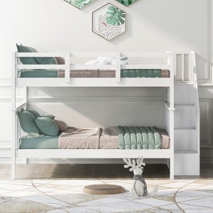 Whisen Stairway Full-Over-Full Bunk Bed with Drawer, Storage and Guard Rail for Bedroom - 1 of 4