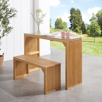 Anybear Natural Pine Dining Long Bench and Table Set with Small Tempered Glass Top Indoor Furniture Set