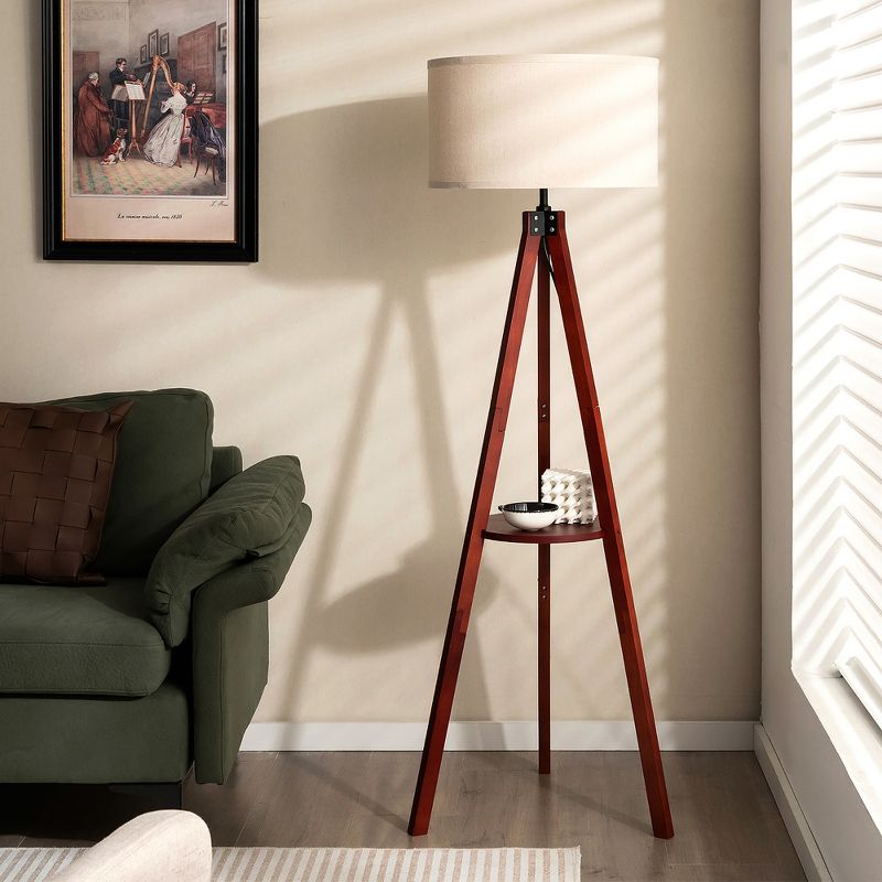 Tangkula Tripod Floor Lamp Wood Standing Lamp w/ Flaxen Lamp Shade and E26 Lamp Base, 2 of 11