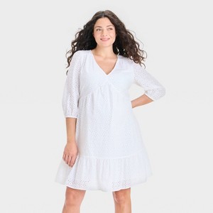 Bishop 3/4 Sleeve Mini Maternity Eyelet Dress - Isabel Maternity by Ingrid & Isabel™ White - 1 of 3