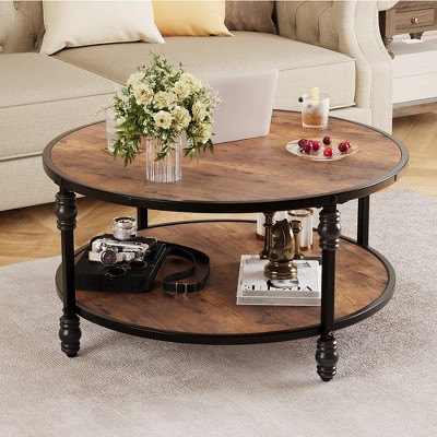 Garvee Coffee Table Round Rustic Center Table with Storage Shelf Wood Circle Coffee Table with Sturdy Metal Legs Living Room