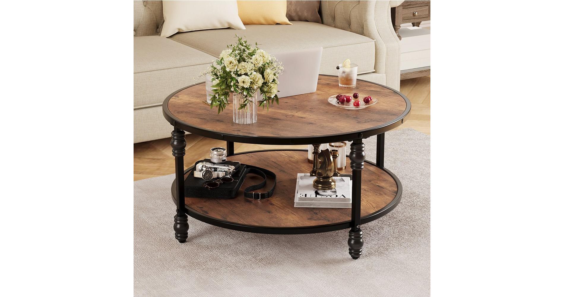 Garvee Coffee Table Round Rustic Center Table with Storage Shelf Wood Circle Coffee Table with Sturdy Metal Legs Living Room