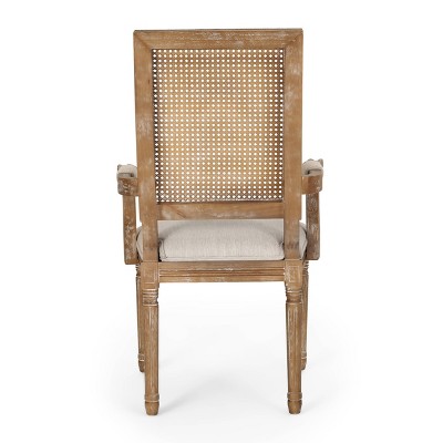 French Country Elegance Beige & Natural Wood Cane Upholstered Arm Chair