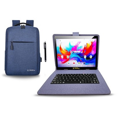 LINSAY® 10.1" Octa Core  256GB STORAGE Android 15 BUNDLE with BLUE DESIGNER CLOTH KEYBOARD CASE and STYLISH COMPACT BACKPACK