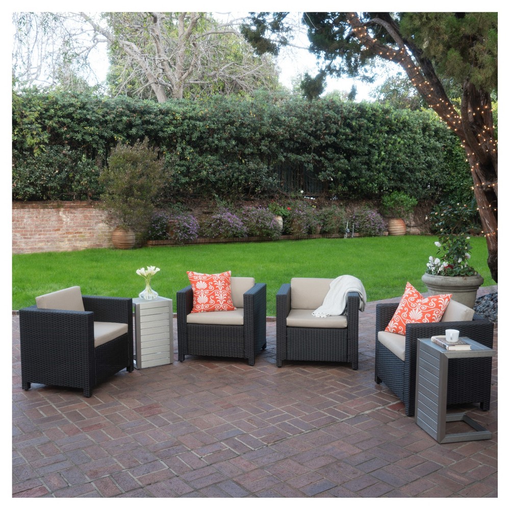 Puerta 6pc All Weather Wicker Patio Club Chairs w Metal Side Tables Dark Brown Silver Christopher Knight Home