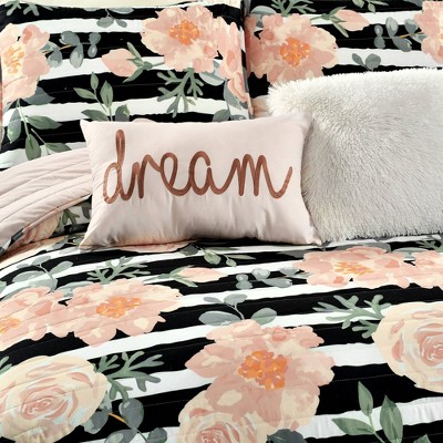 Full/Queen Black and Dusty Rose Microfiber Reversible Quilt Set