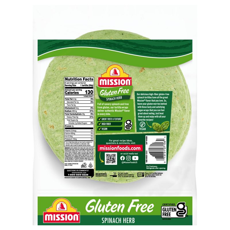 Mission 8&#34; Gluten Free Spinach Tortillas - 10.5oz/6ct, 3 of 10