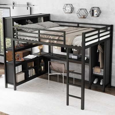 Lycvki Metal Loft Bed with Wardrobe and L-shaped Desk for Kids Teens Adults