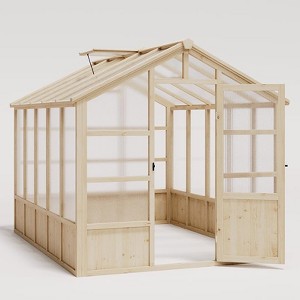 8x10FT Wooden Greenhouse, Greenhouses for Outdoors with Lockable Door, Wood Frame & Adjustable Vent, Heavy Duty Greenhouse with Panel Light Brown - 1 of 4