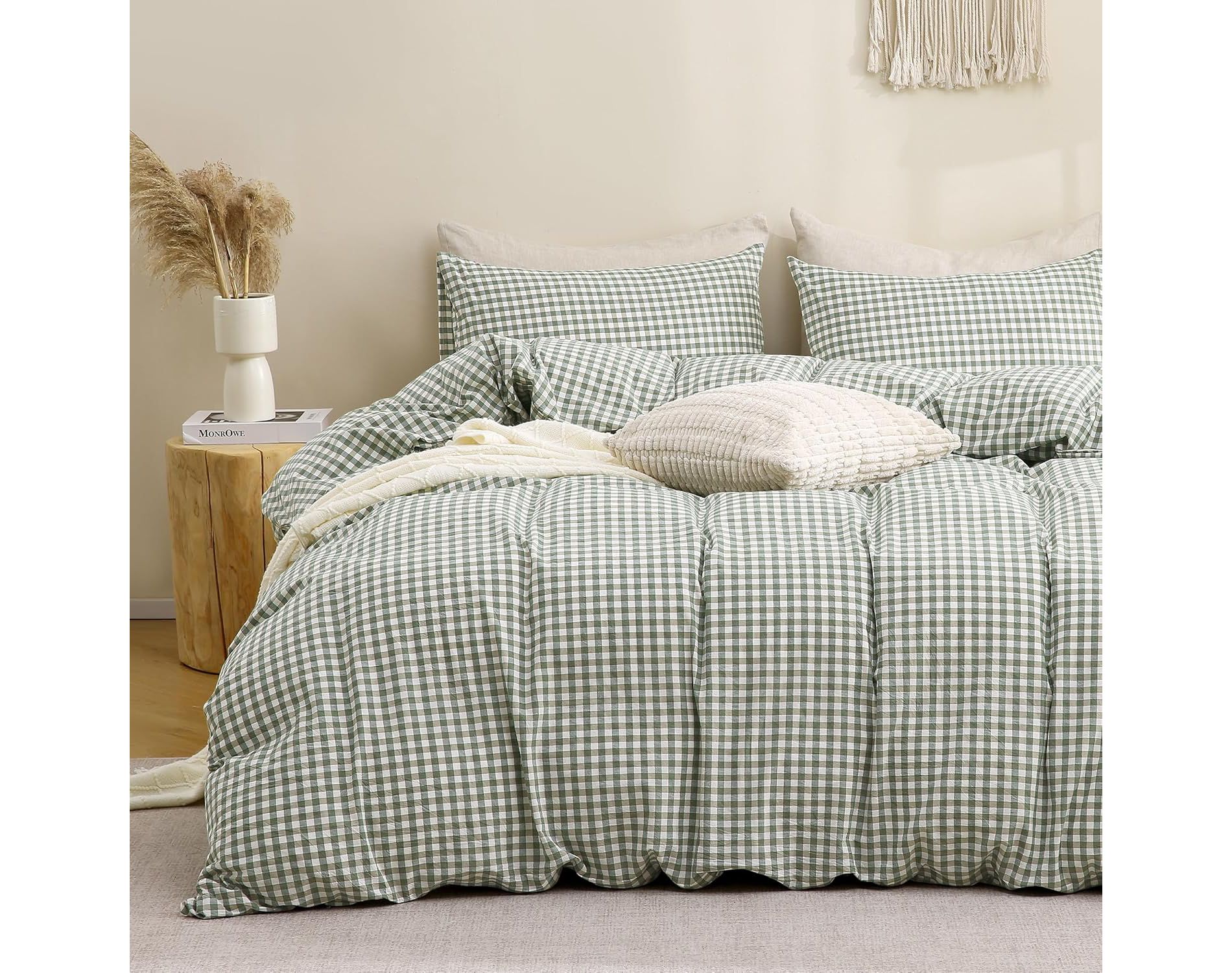 Queen 90"x90" Green Gingham Duvet Cover Set, 3-Piece Soft Linen Feel Vintage