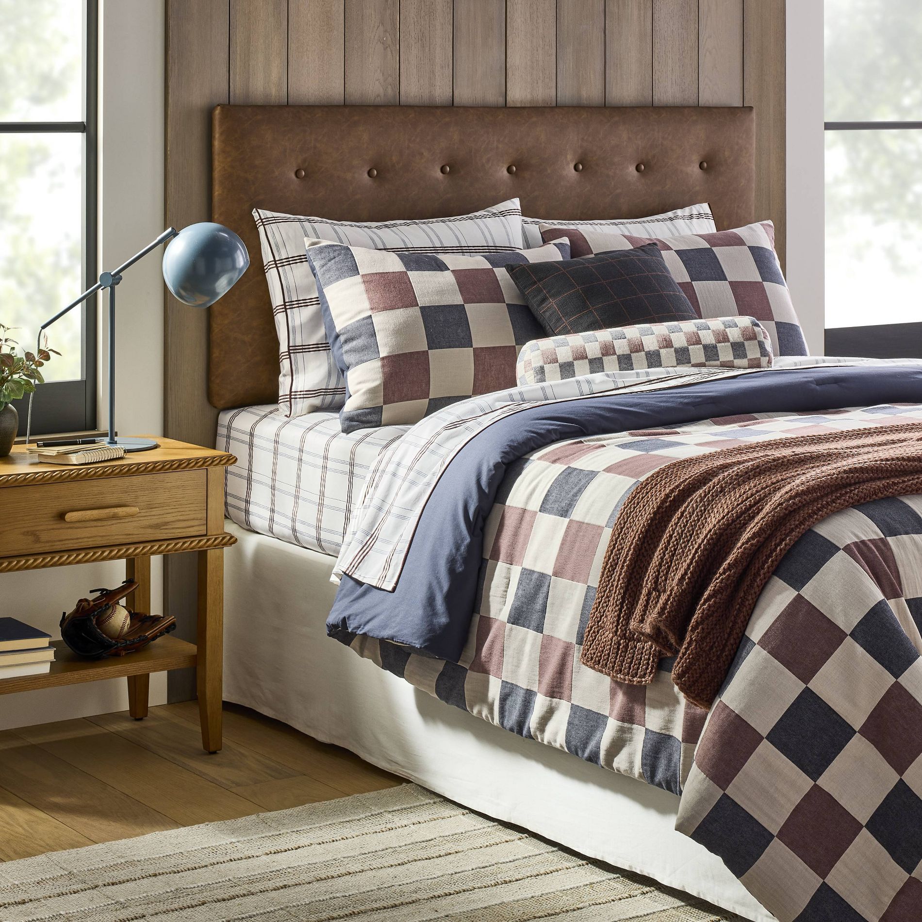 Full/Queen Woven Check Comforter Set Neutral/Navy/Burgundy - Threshold™ designed with Studio McGee